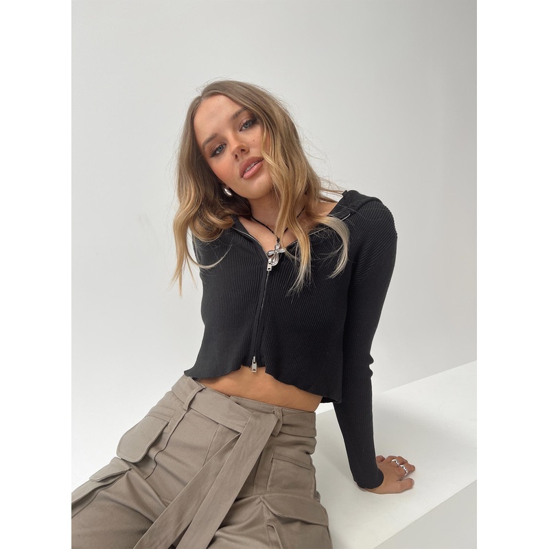 Cher Zip Up Knit Sweater Black