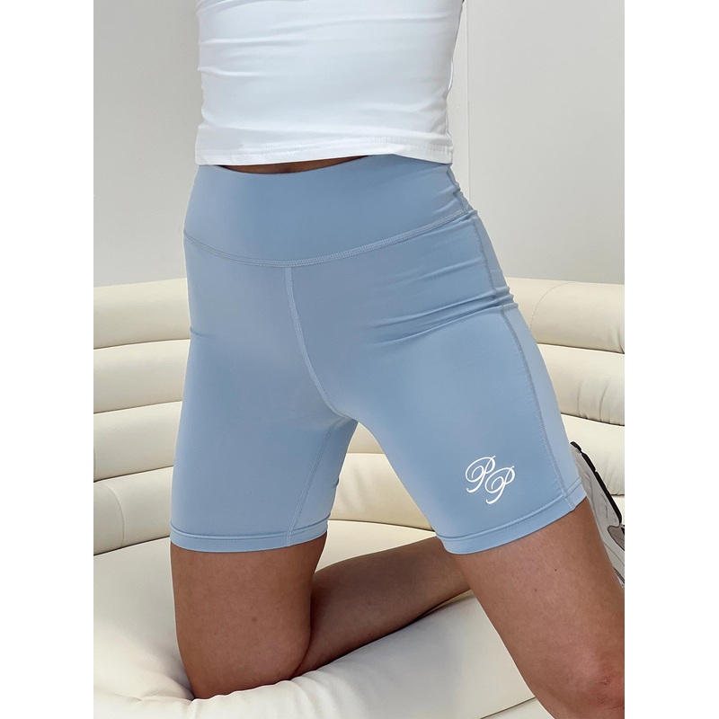 Princess Polly Bike Shorts Cursive Text Pale Blue/ Eggshell