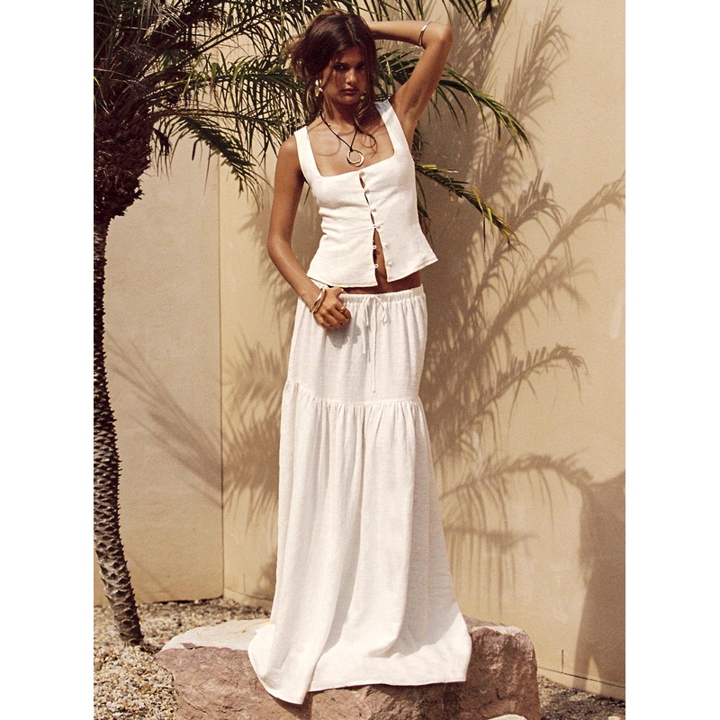 Tearose Linen Blend Maxi Skirt White