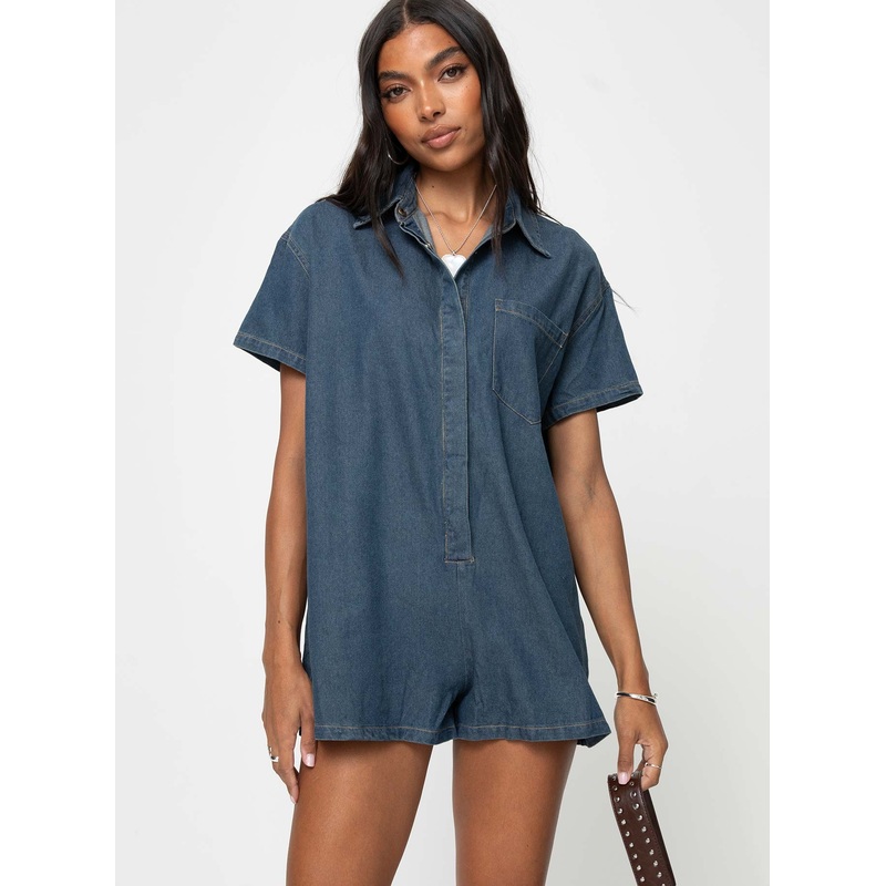Dottey Denim Romper Dark Wash