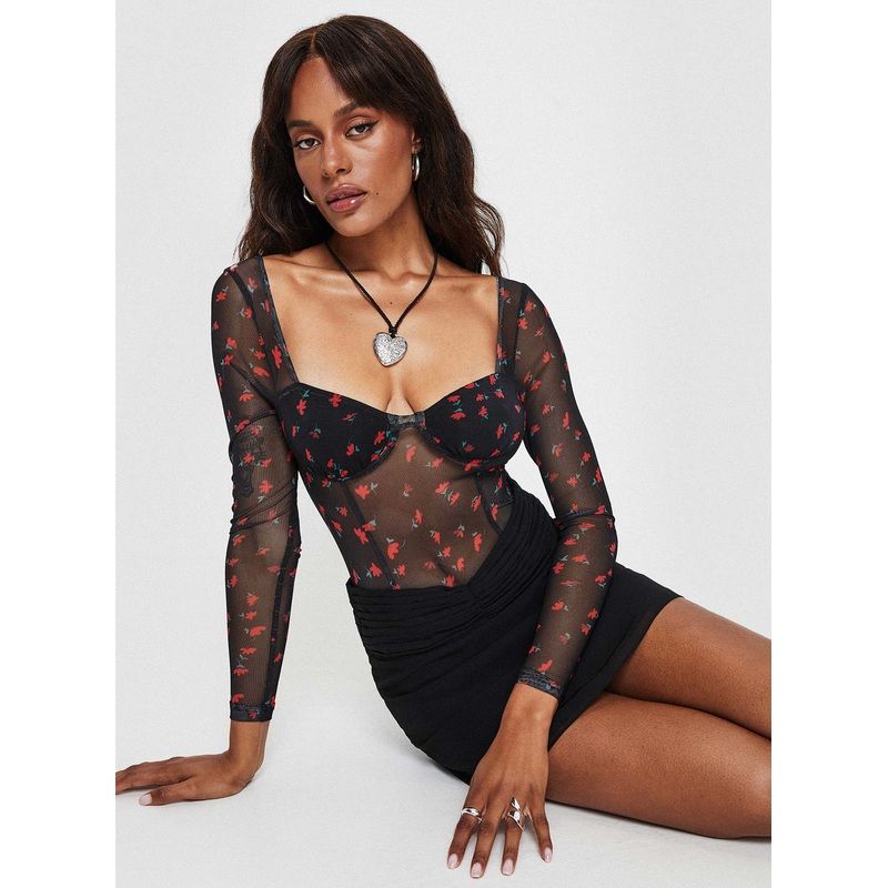 Lamaro Long Sleeve Bodysuit Black / Red Floral