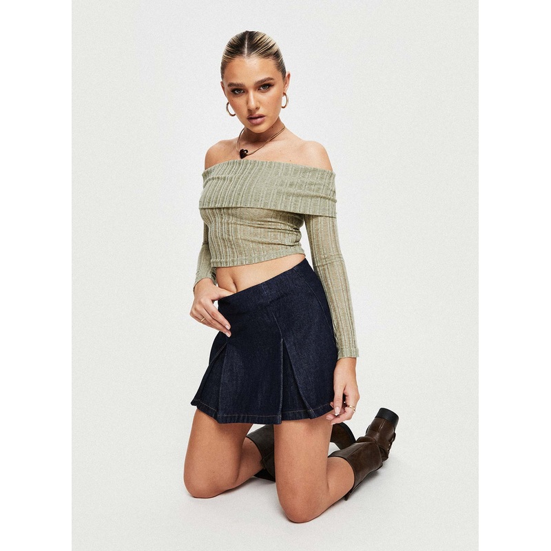 Sawan Pleated Denim Mini Skirt Dark Wash