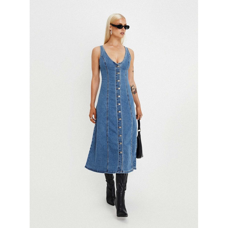 Midler Denim Midi Dress Mid Blue