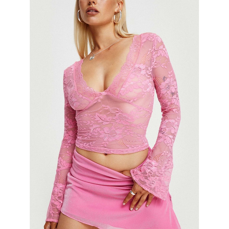 Rendez Lace Long Sleeve Top Pink