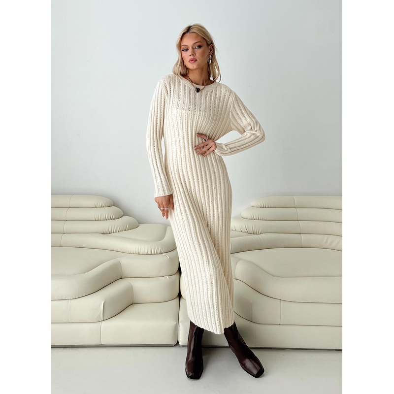 Rahne Long Sleeve Knit Maxi Dress Cream