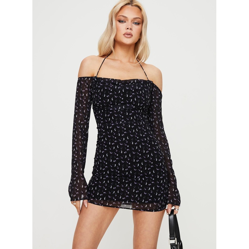 Tisha Off The Shoulder Mini Dress Black Floral