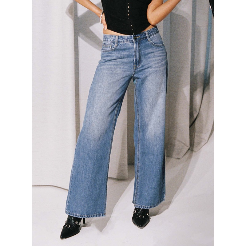 Azula Mid Rise Wide Leg Denim Jean Mid Blue