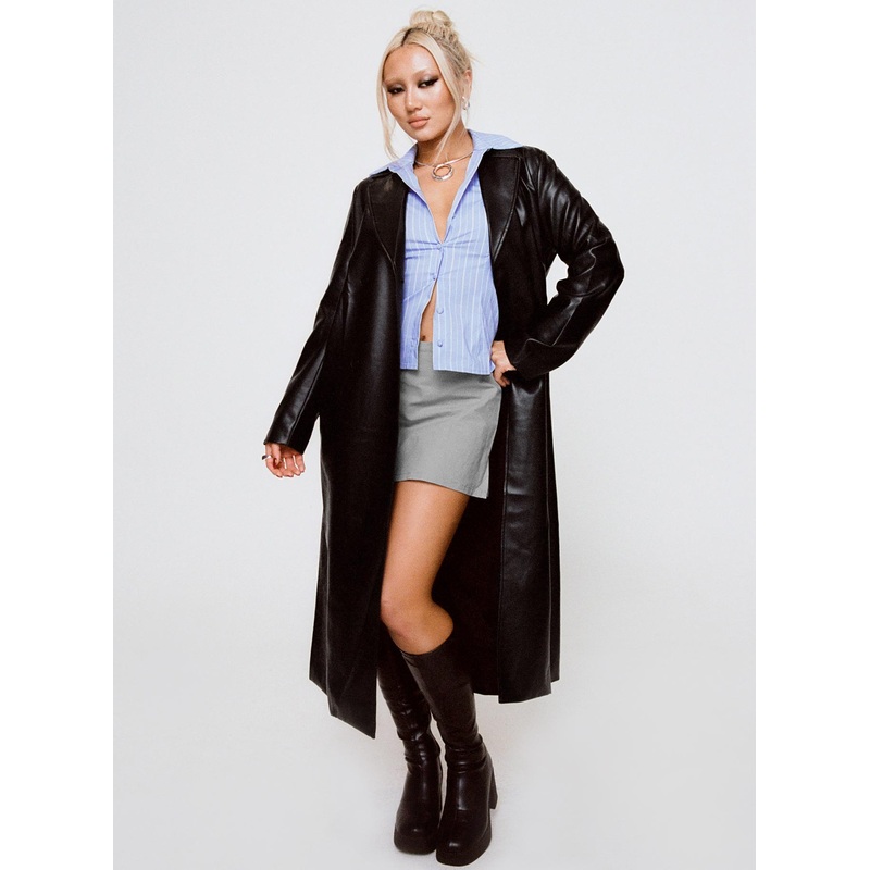 Only For Tonight Faux Leather Trench Coat Black
