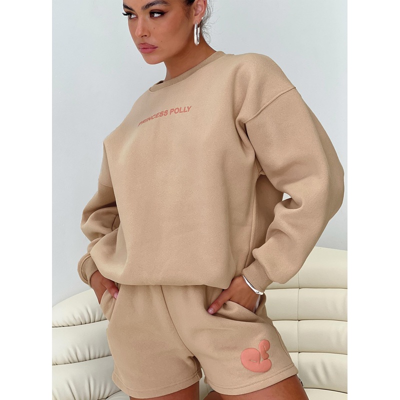 Princess Polly Crew Neck Sweatshirt Bubble Text Sand/ Pink