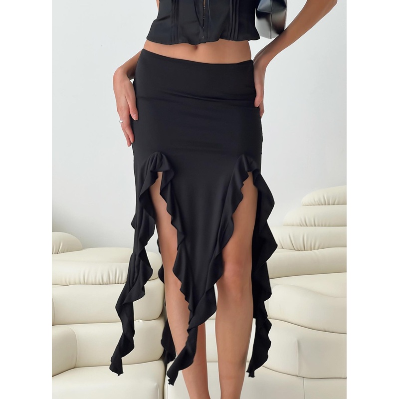 Peachey Asymmetric Ruffle Midi Skirt Black