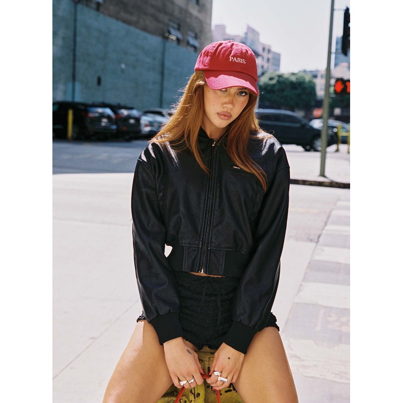 Sweet Disaster Faux Leather Cropped Bomber Jacket Black