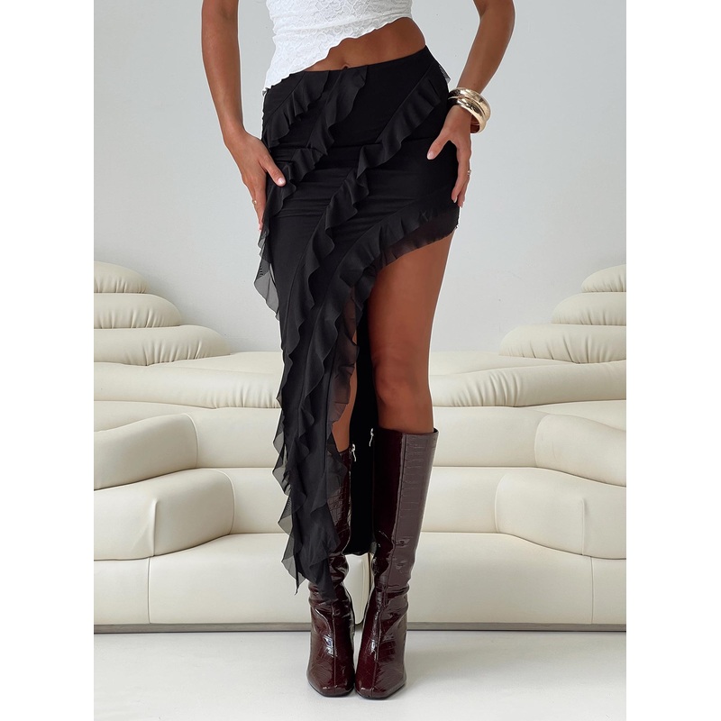 Versaille Ruffle Midi Skirt Black
