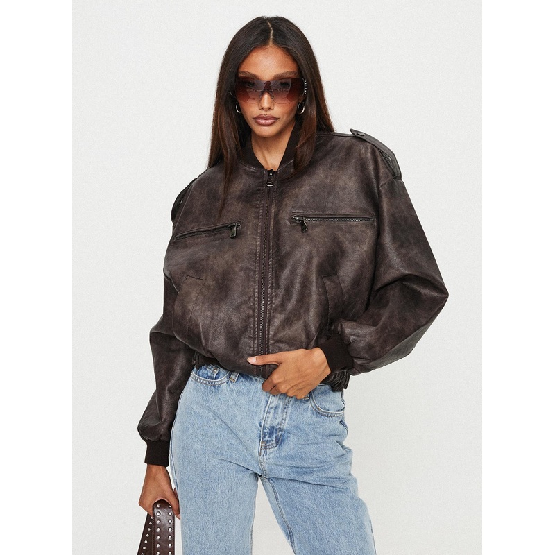 Casey Faux Leather Biker Jacket Chocolate
