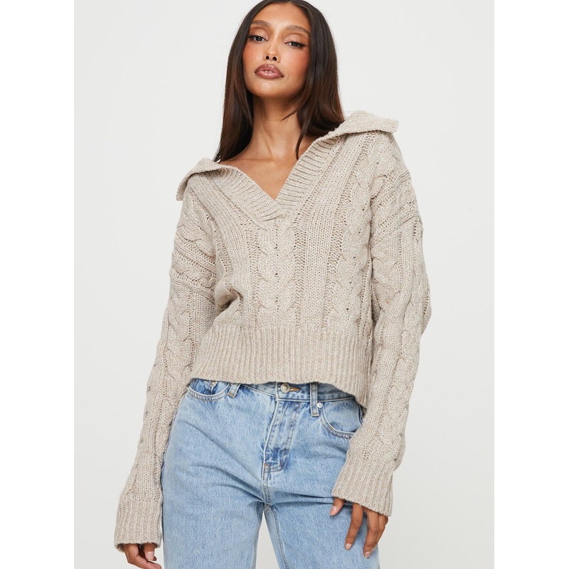 Libertee Collared Cable Sweater Beige