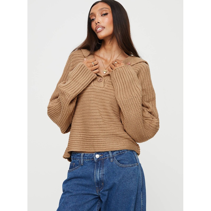 Praiano Button Front Collared Sweater Latte