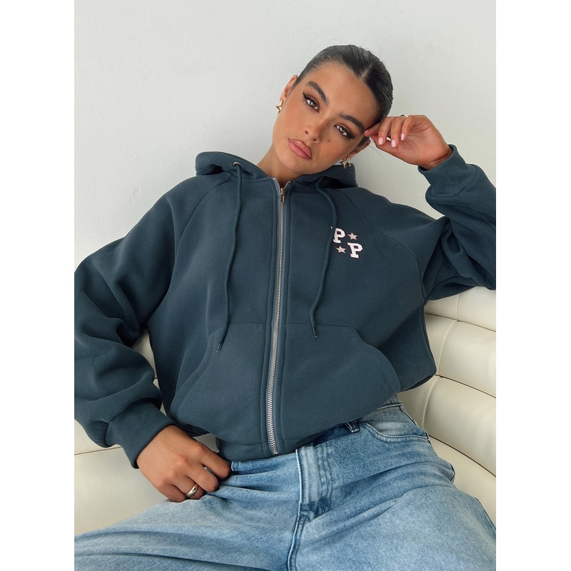 Princess Polly Zip Up Hooded Sweatshirt Navy/Red
