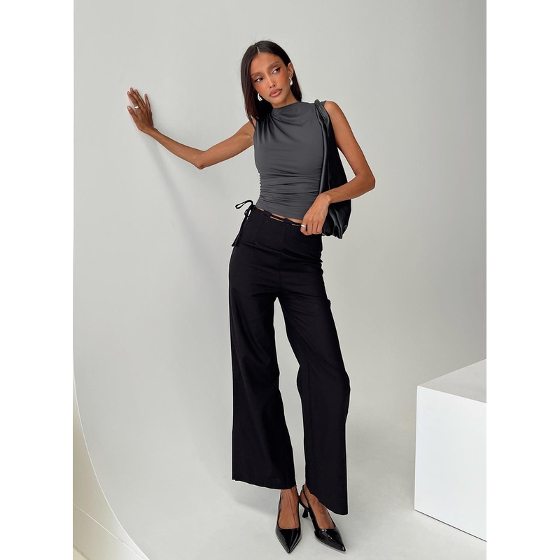 Threaded Waistband Low Waist Pant Black