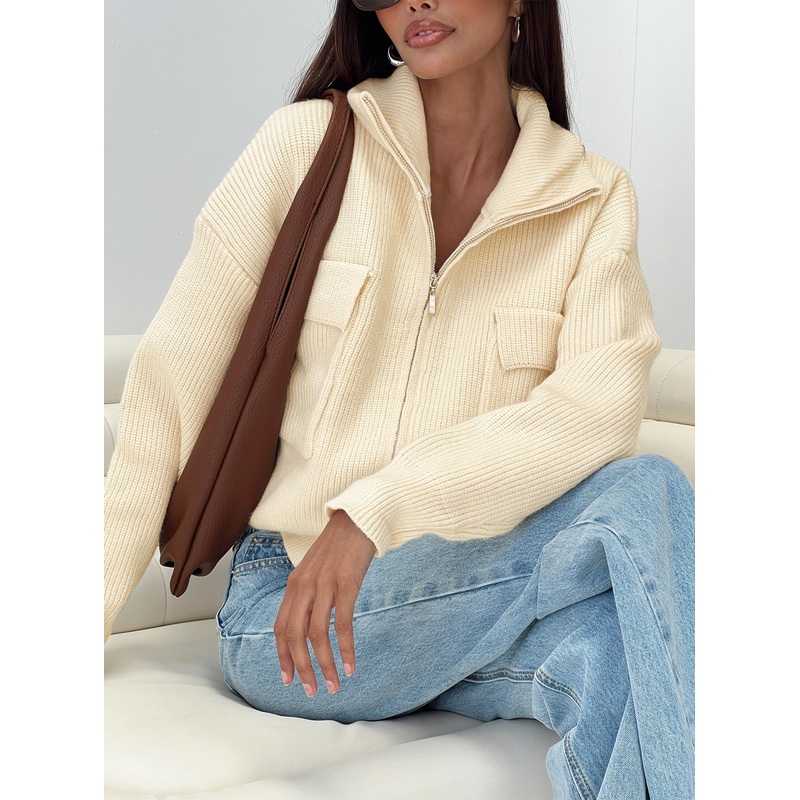 Too Busy Zip Up Sweater Beige
