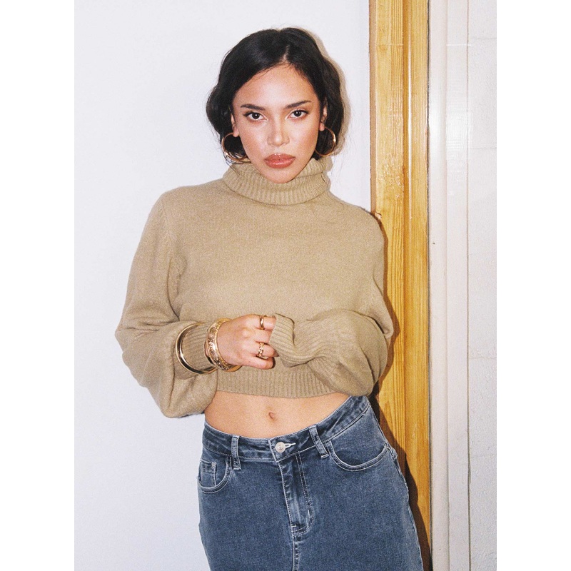Zahara Cropped Turtleneck Sweater Beige Petite