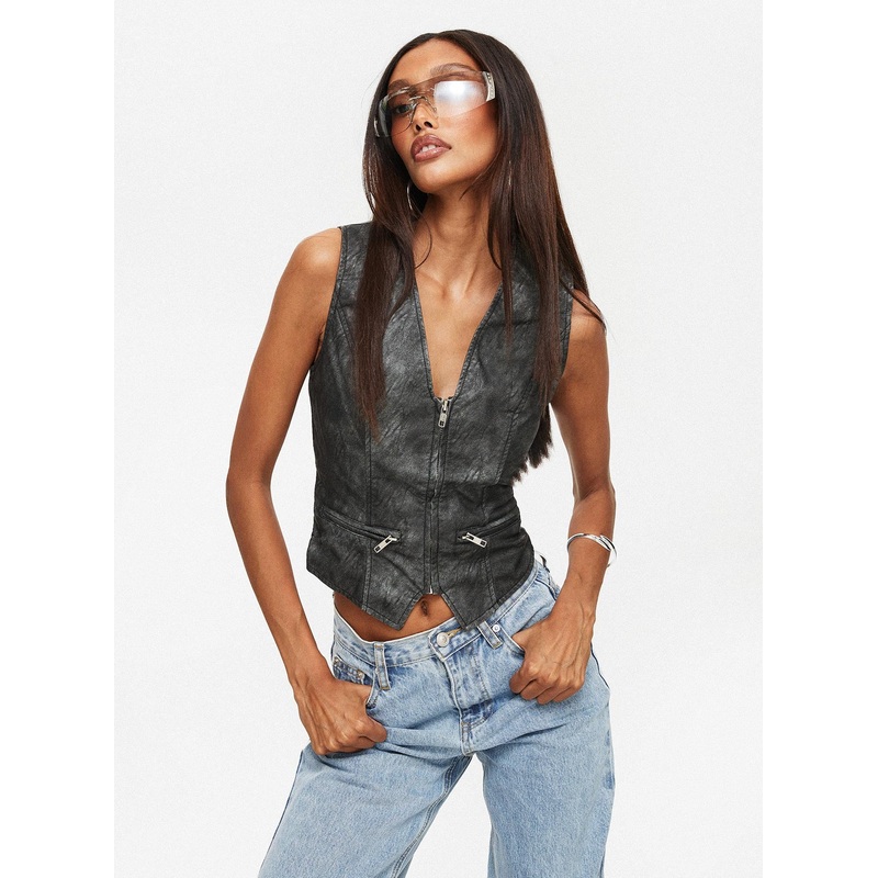 Zillman Faux Leather Vest Top Charcoal