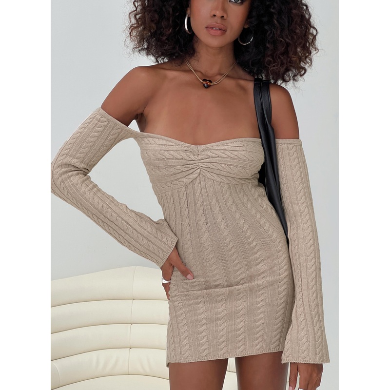 Bayard Off The Shoulder Knit Mini Dress Beige