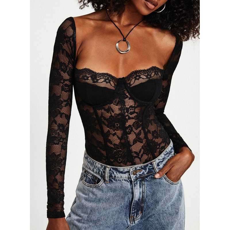 Cadrot Long Sleeve Lace Bodysuit Black