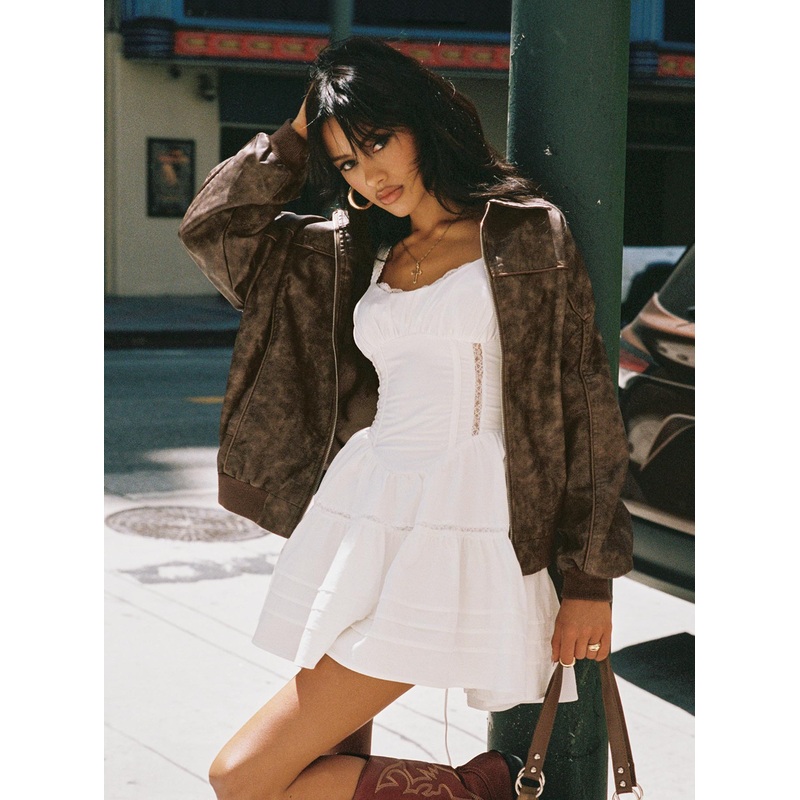 Goldsmith Faux Leather Bomber Jacket Washed Brown