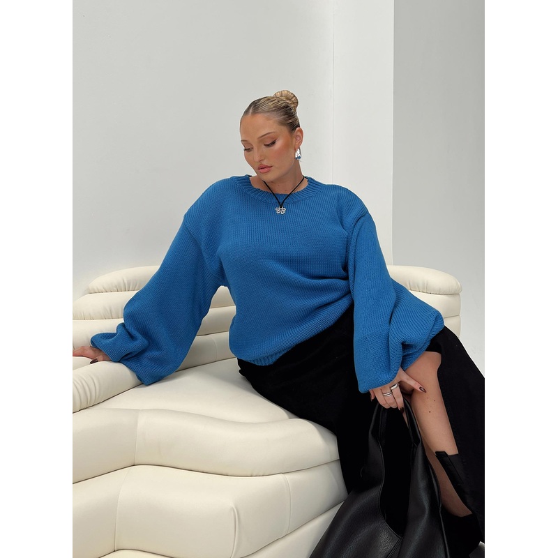 Harmony Balloon Sleeve Knit Sweater Blue Curve