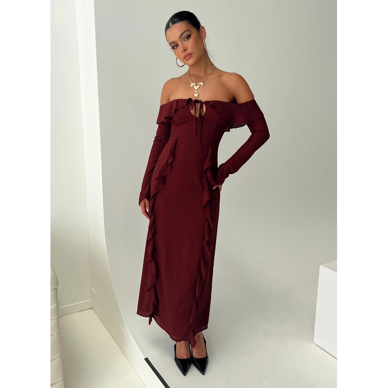 Molins Off The Shoulder Maxi Dress Burgundy