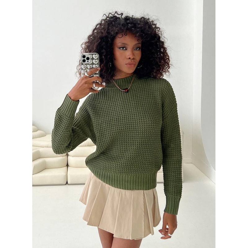 Wholesome Waffle Knit Sweater Green