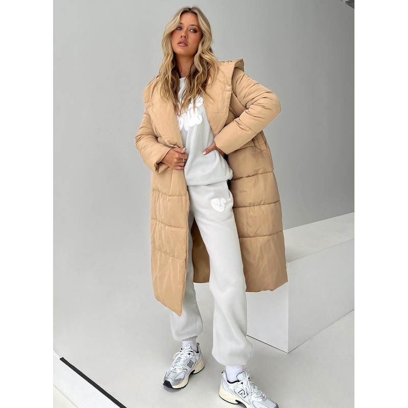 Philo Longline Hooded Puffer Jacket Beige