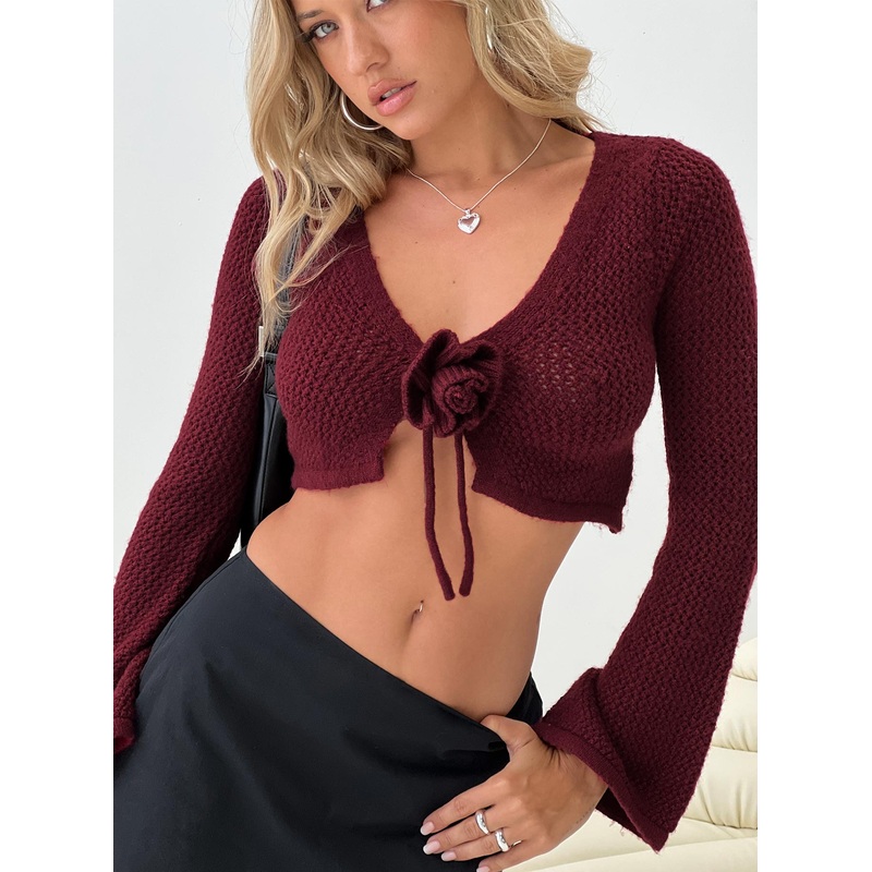 Rosey Tie Up Long Sleeve Top Burgundy