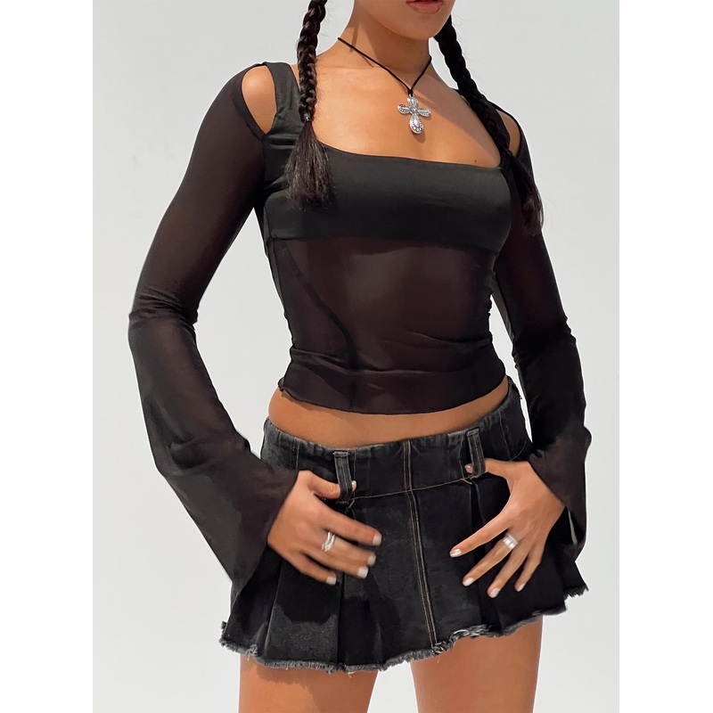 Sevina Long Sleeve Mesh Corset Top Black