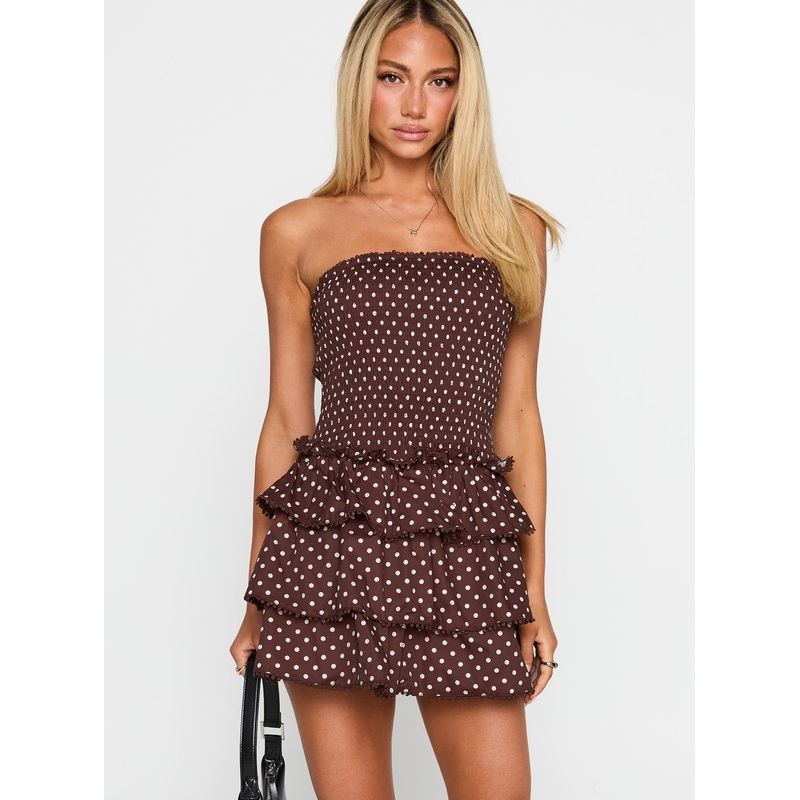 Sunkiss Frill Mini Dress Brown Polka