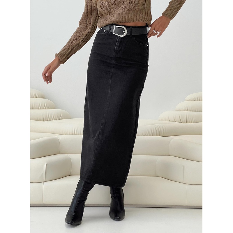 Whessler Split Back Denim Midi Skirt Black