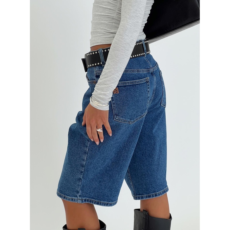 Retro Dream Mid Rise Longline Denim Shorts Mid Wash