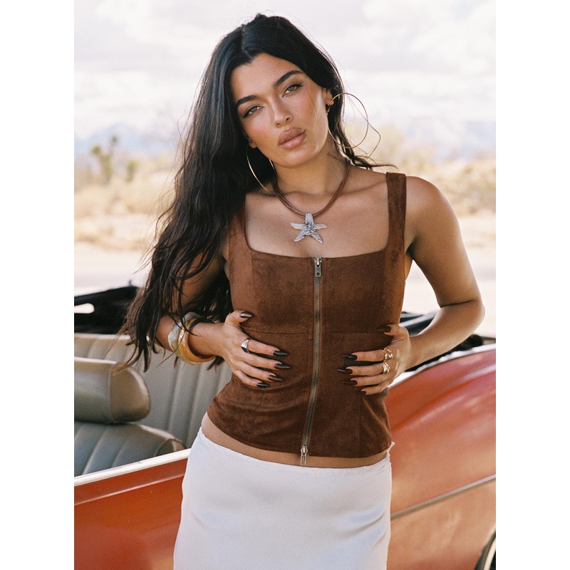 Rodeo Faux Suede Zip Through Top Brown
