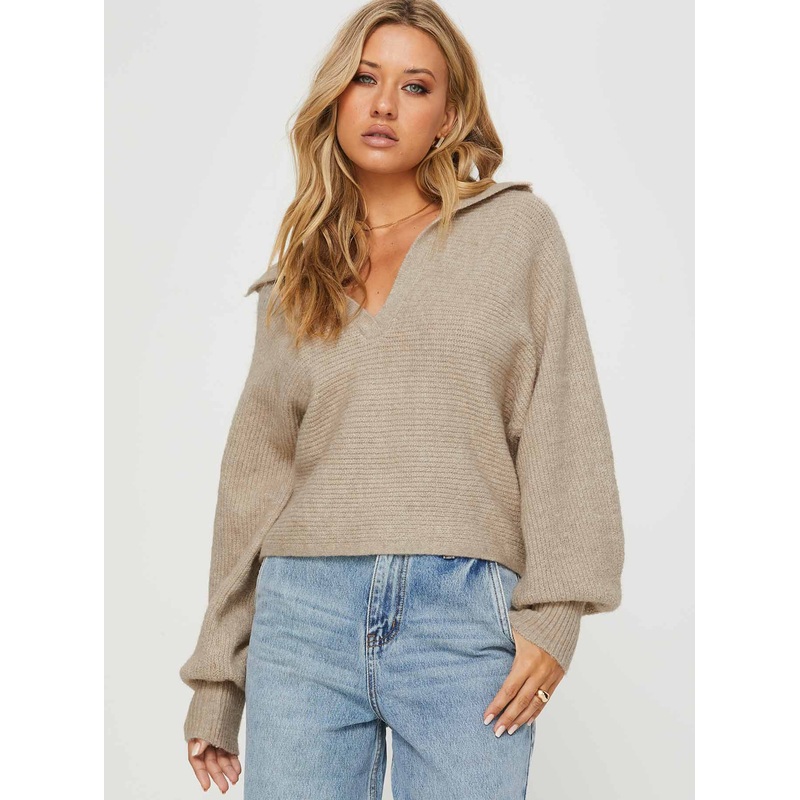 Bella Notched Neck Sweater Beige
