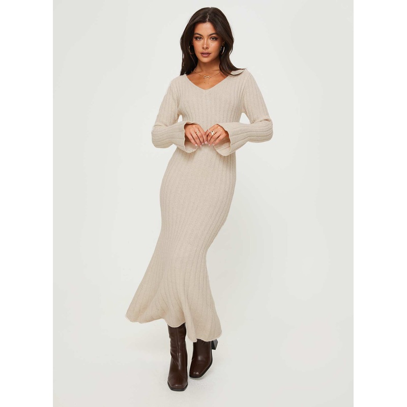 Larne Long Sleeve Maxi Dress Beige