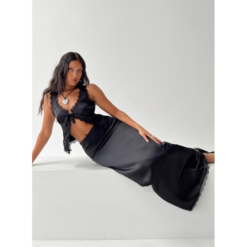 Mavie Satin Maxi Set Black