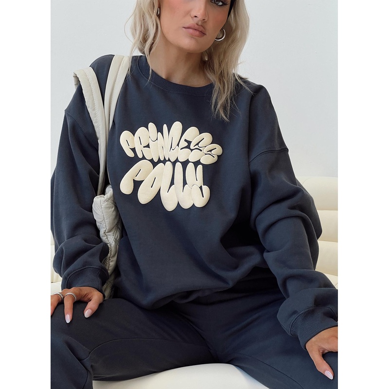 Princess Polly Crew Neck Sweatshirt Bubble Text Slate / Eggshell