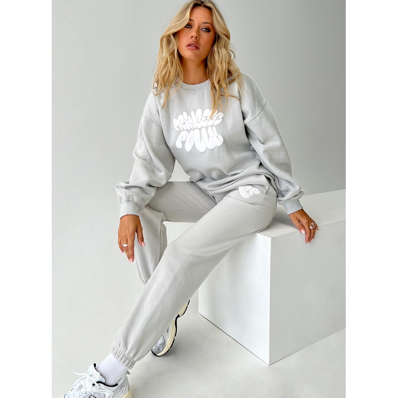 Princess Polly Track Pants Bubble Text Grey / Cloud White
