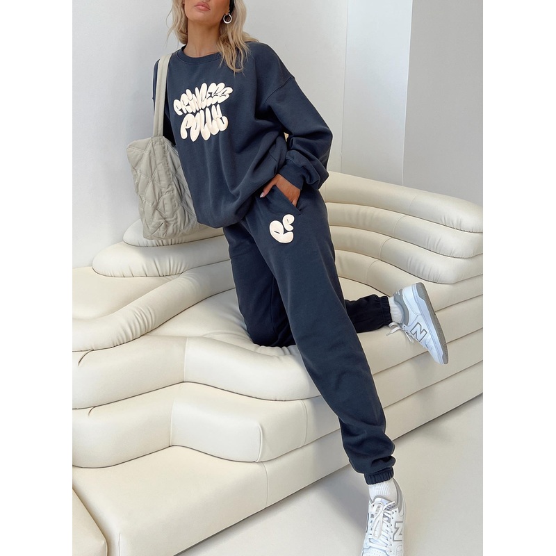Princess Polly Track Pants Bubble Text Slate / Eggshell