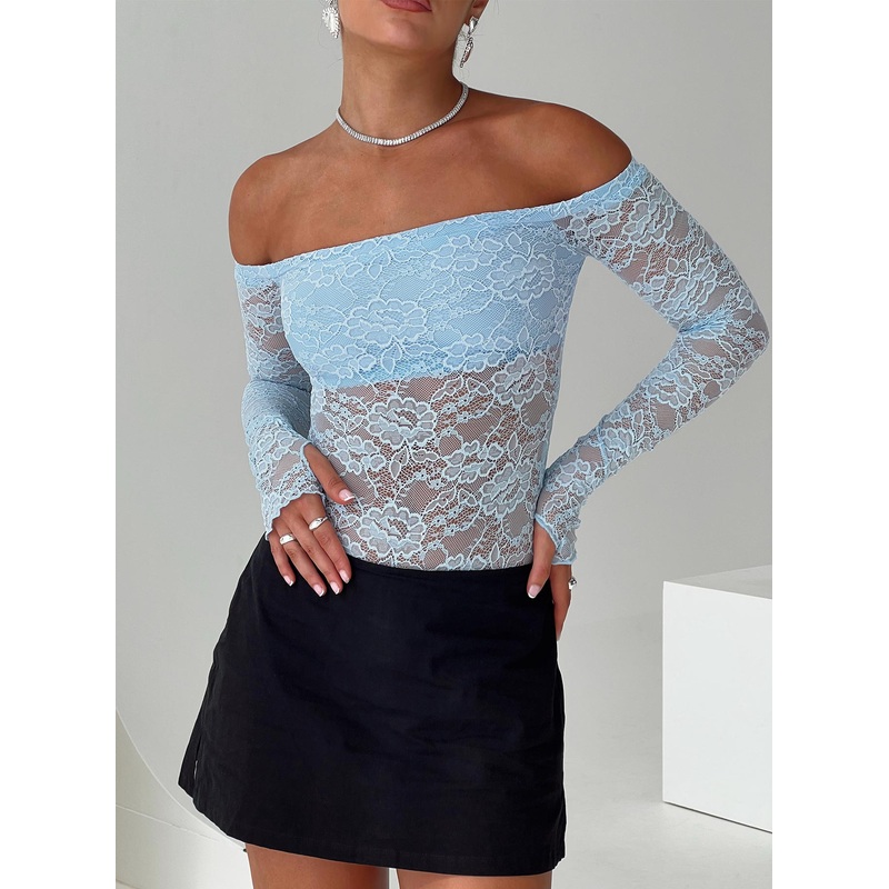 Weaver Off Shoulder Lace Bodysuit Blue