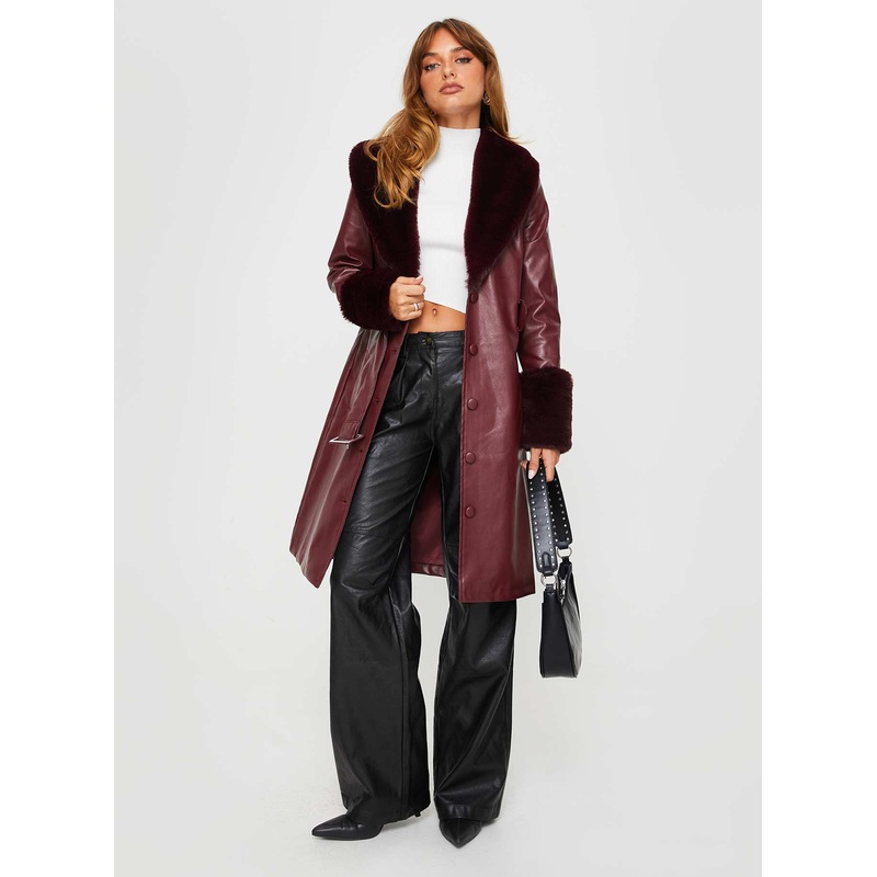 Brooklyn Faux Leather Longline Coat Burgundy