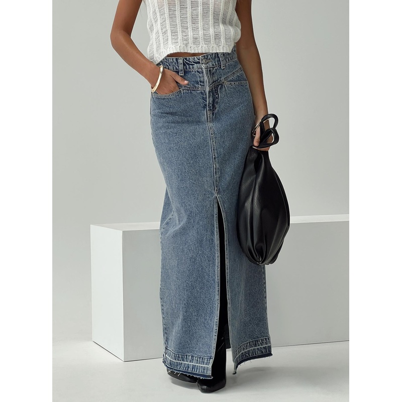 Deneuve Denim Maxi Skirt Mid Wash