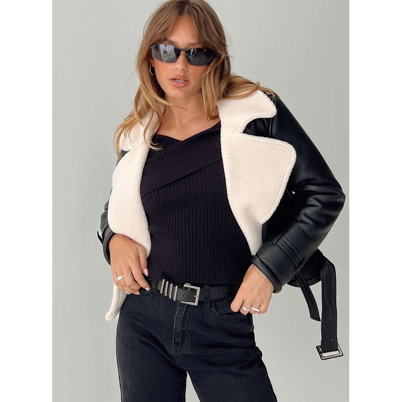 Nathalia Shearling Aviator Jacket Black