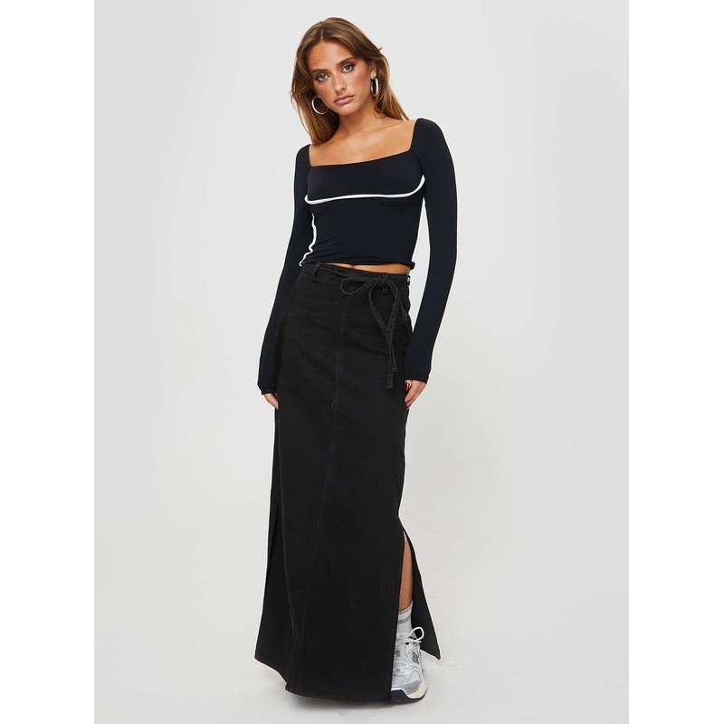 Brandee Tie Front Denim Maxi Skirt Black Wash