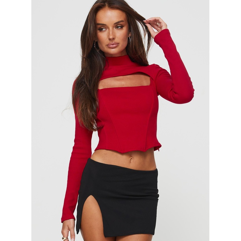 Cathey Long Sleeve Corset Top Red