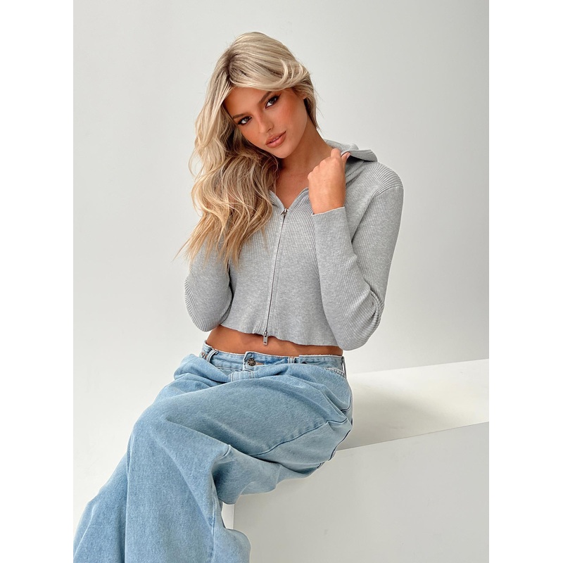 Cher Zip Up Knit Sweater Grey Marle